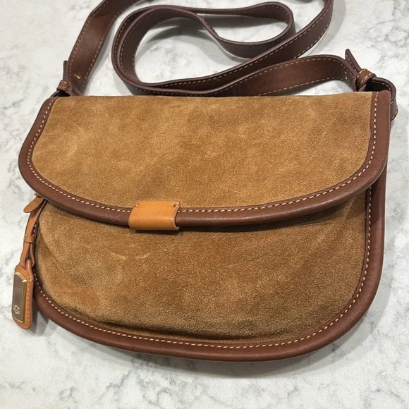UGG Australia Brown Tan Leather Suede Crossbody Messenger Purse - Picture 2 of 10